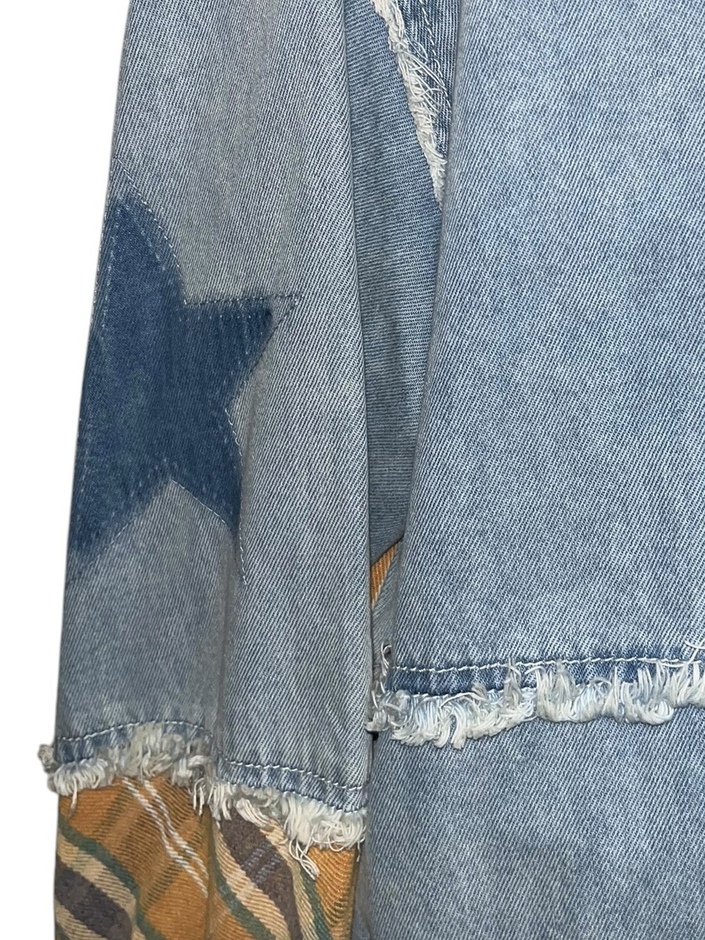 POL S Patchwork Denim & Plaid Long Coat with Star Accents - Picture 6 of 6